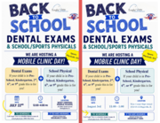 Supporting graphic flyer detailing the upcoming Eagleview Clinic schedule for student dental exams and sports physicals, with complete event dates and locations outlined in the text below.